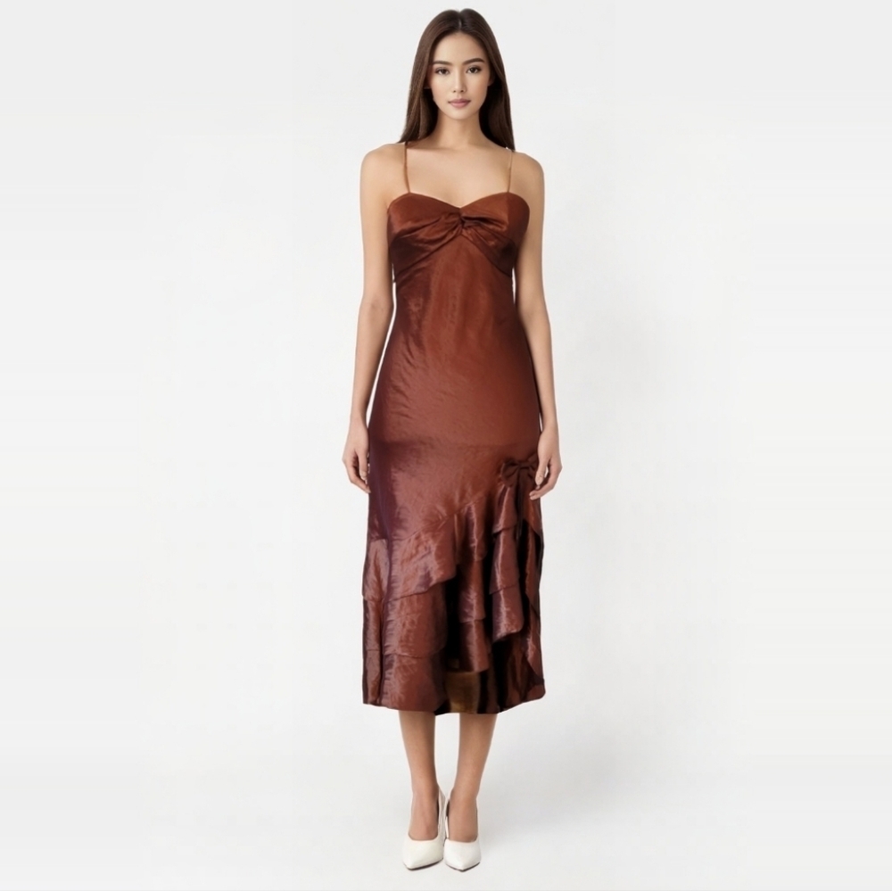 Poly 80s USA Copper Brown Shimmer Ruffle Midi‎ Dress Sweetheart Bow